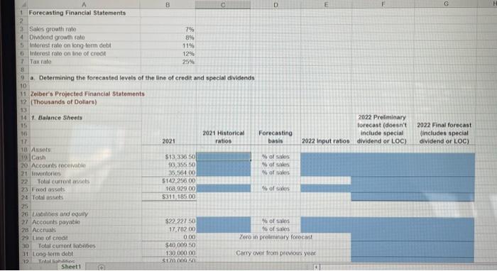 of Zieber Corporation. Forecast Zieber's 2022 income statement and balance sheets. Use
