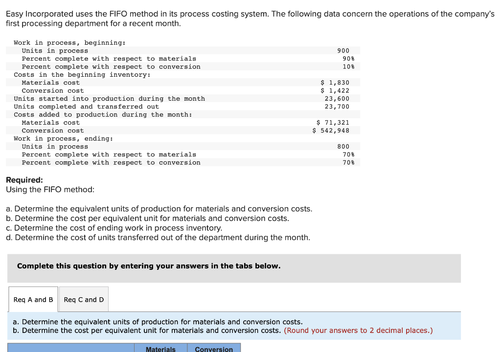 Easy Incorporated uses the FIFO method in its process costing system. The