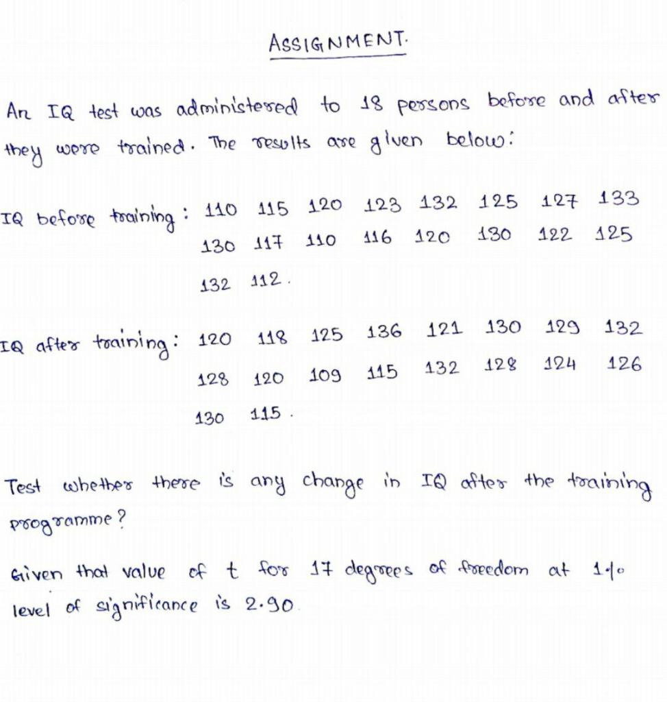 ASSIGNMENT. An IQ test was administered to 18 persons before and after