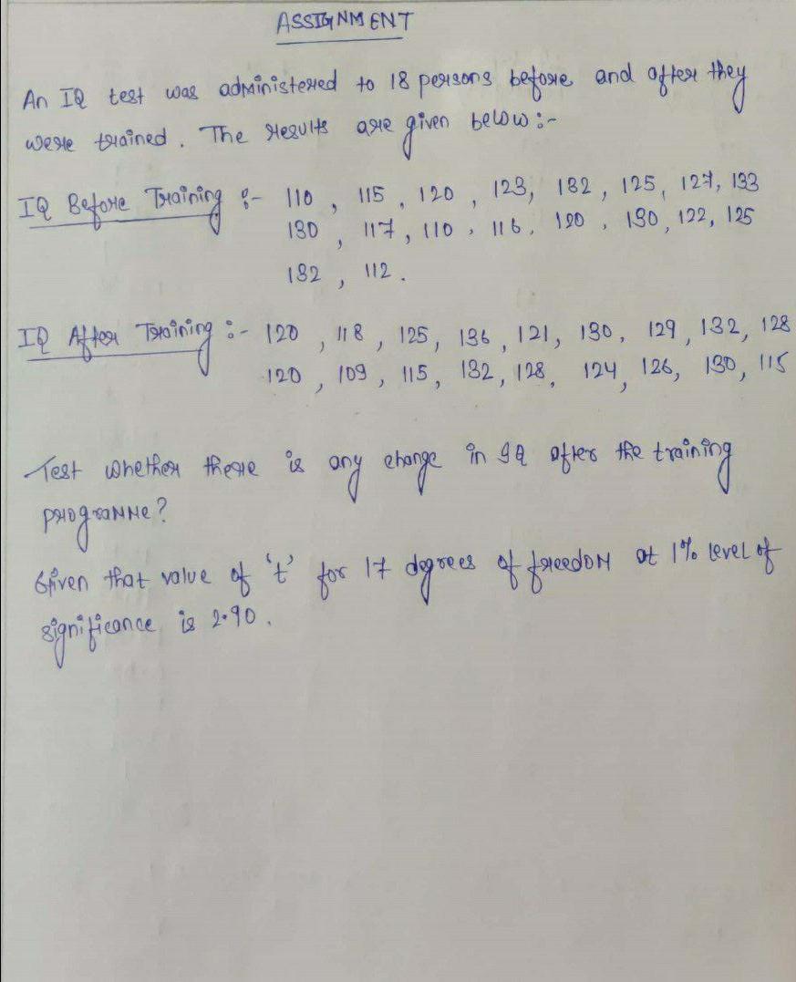 ASSIGNMENT An IQ test was administered to 18 persons before and after