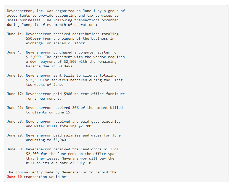 Neveranerror, Inc. was organized on June 1 by a group of accountants