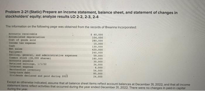Problem 2-21 (Static) Prepare an income statement, balance sheet, and statement of