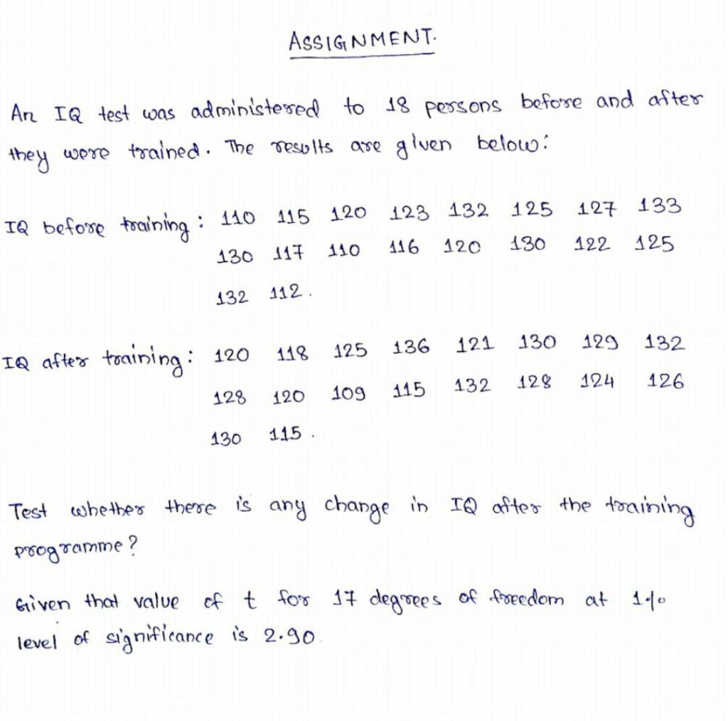 ASSIGNMENT. An IQ test was administered to 18 persons before and after