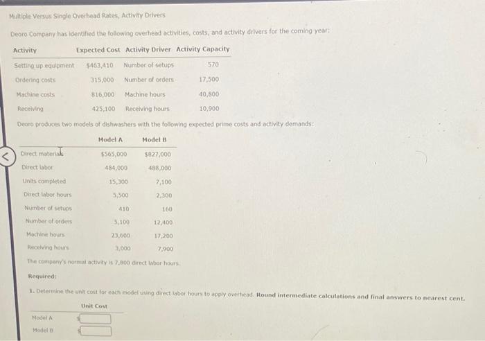 Multiple Versus Single Overhead Rates, Activity Drivers Deoro Company has identified the
