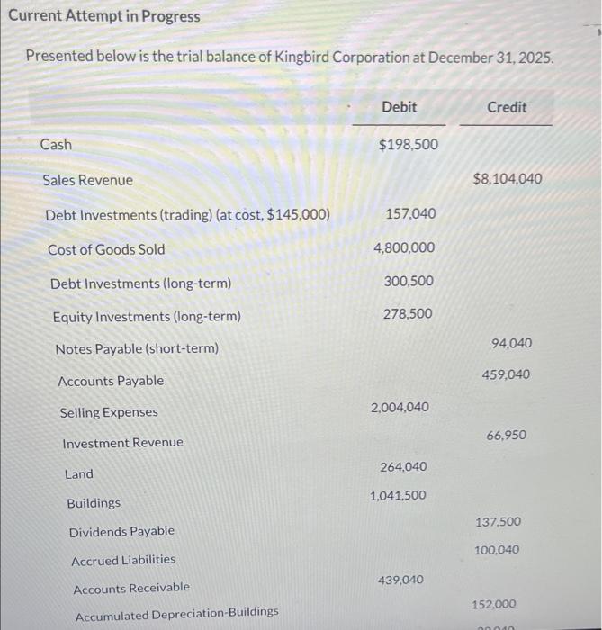 Current Attempt in Progress Presented below is the trial balance of Kingbird