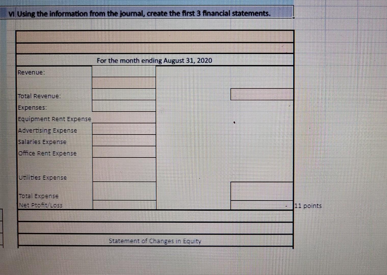 VI Using the information from the journal, create the first 3 financial