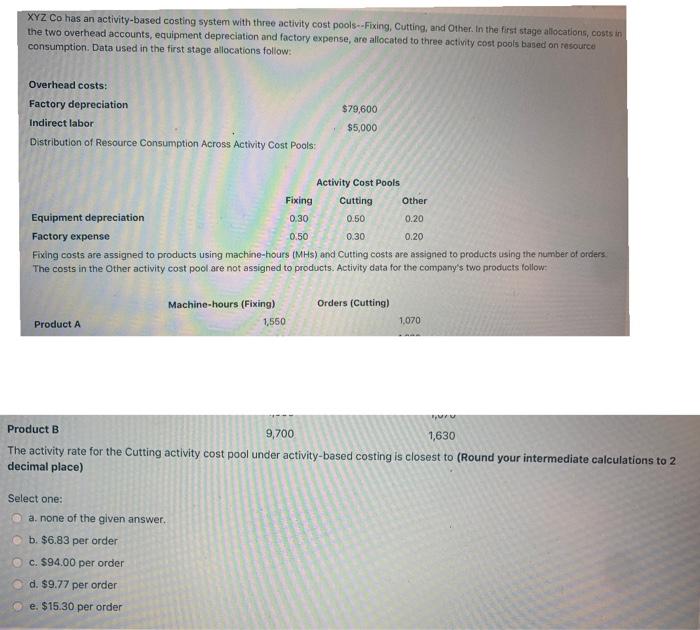 XYZ Co has an activity-based costing system with three activity cost pools--Fixing,