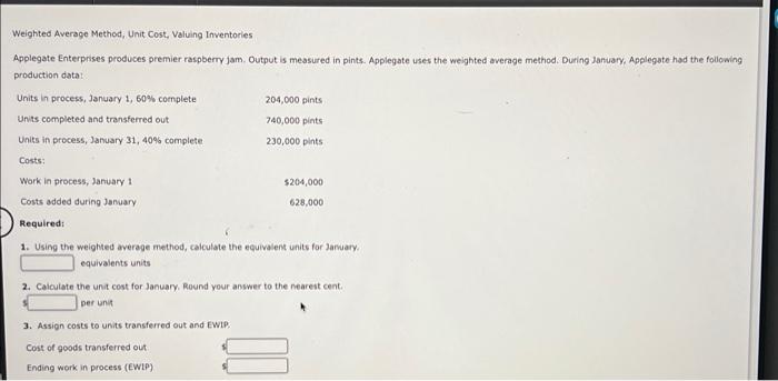 Weighted Average Method, Unit Cost, Valuing Inventories Applegate Enterprises produces premier raspberry
