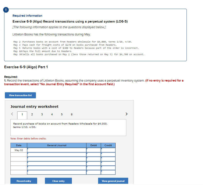 Required Information Exercise 6-9 (Algo) Record transactions using a perpetual system (LO6-5)