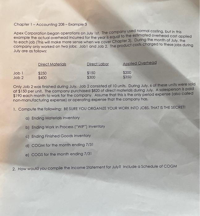 Chapter 1 - Accounting 208 - Example 3 Apex Corporation began operations