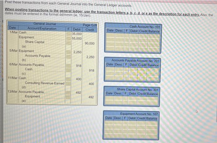 Post these transactions from each General Journal into the General Ledger accounts.