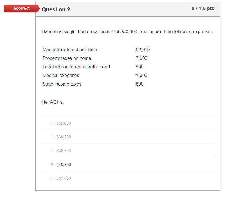 Incorrect Question 2 0 / 1.5 pts Hannah is single, had gross