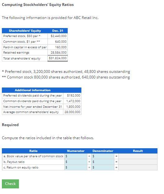 Computing Stockholders' Equity Ratios The following information is provided for ABC Retail