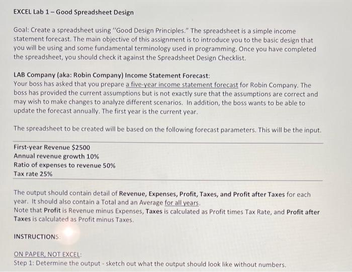 EXCEL Lab 1-Good Spreadsheet Design Goal: Create a spreadsheet using "Good Design