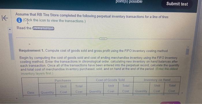 K point(s) possible Submit test Assume that RB Tire Store completed the