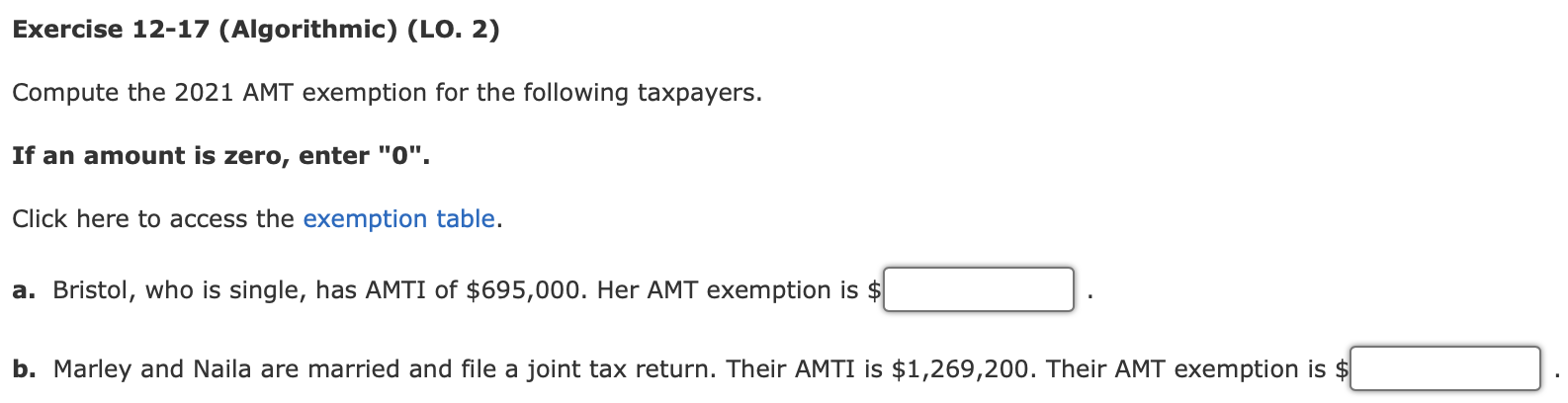 Exercise 12-17 (Algorithmic) (LO. 2) Compute the 2021 AMT exemption for the