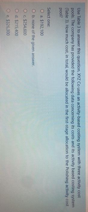 Use Table 3 to answer this question. XYZ Co uses an activity-based