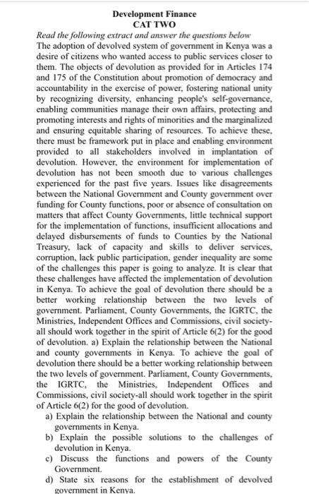Development Finance CAT TWO Read the following extract and answer the questions