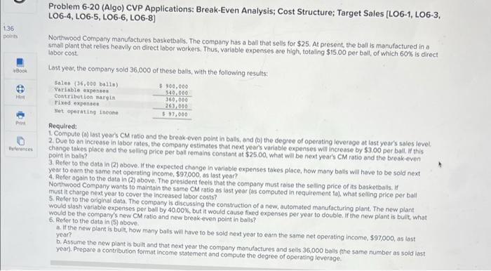 136 points Book Hm Print References Problem 6-20 (Algo) CVP Applications: Break-Even