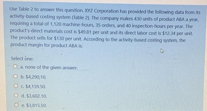 Use Table 2 to answer this question. XYZ Corporation has provided the