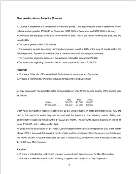 Class exercise - Master Budgeting (2 marks) 1. Caprice Corporation is a