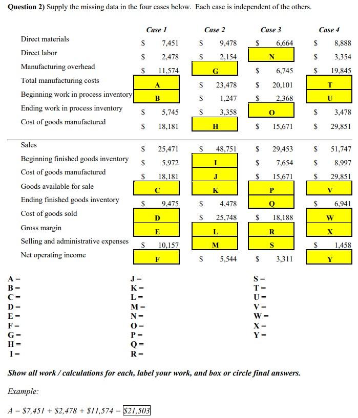 Question 2) Supply the missing data in the four cases below. Each