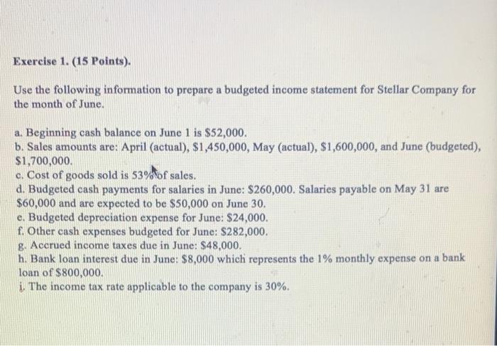 Exercise 1. (15 Points). Use the following information to prepare a budgeted