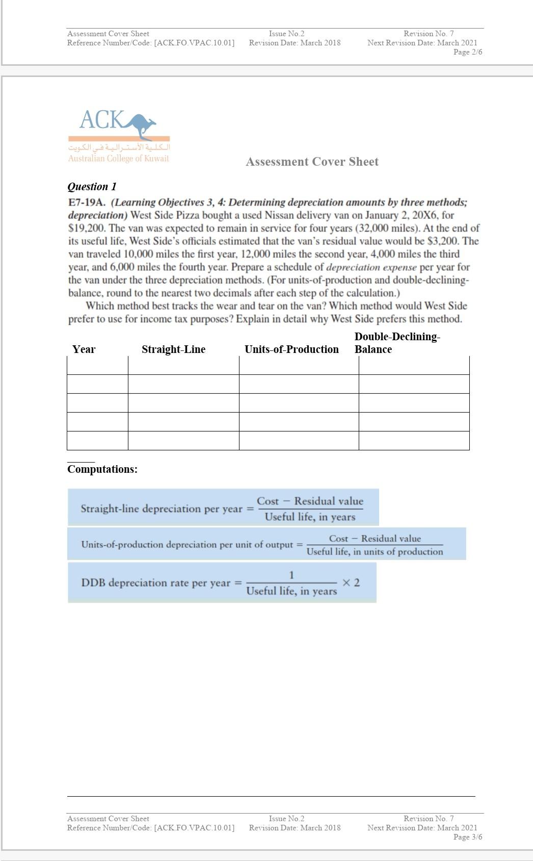Assessment Cover Sheet Reference Number/Code: [ACK.FO.VPAC.10.01] ACK Issue No.2 Revision Date: March