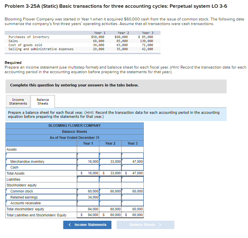 Problem 3-25A (Static) Basic transactions for three accounting cycles: Perpetual system LO