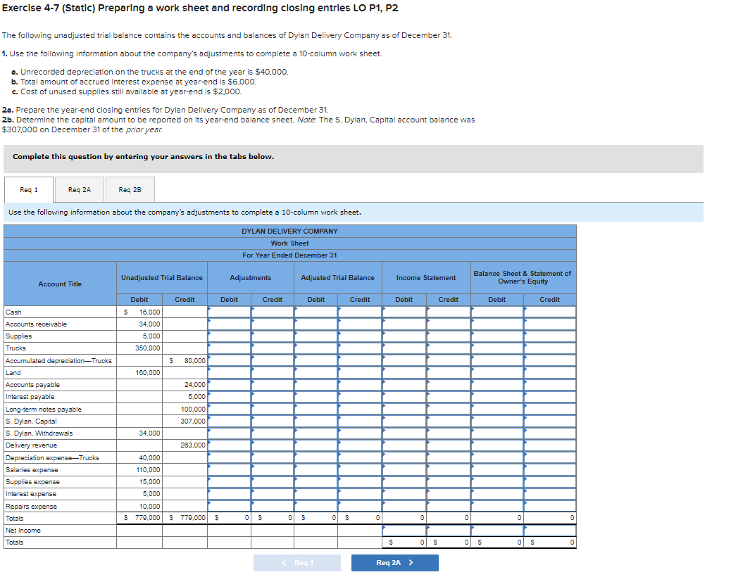 Exercise 4-7 (Static) Preparing a work sheet and recording closing entries LO