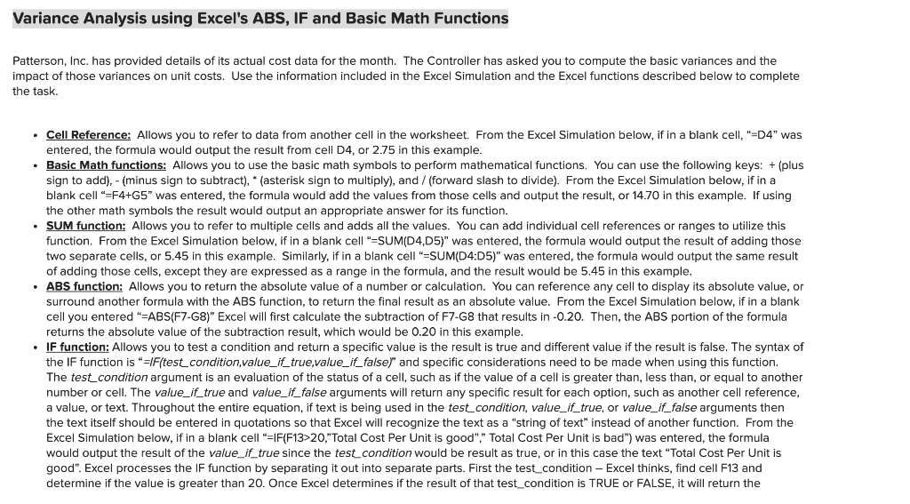 Variance Analysis using Excel's ABS, IF and Basic Math Functions Patterson, Inc.