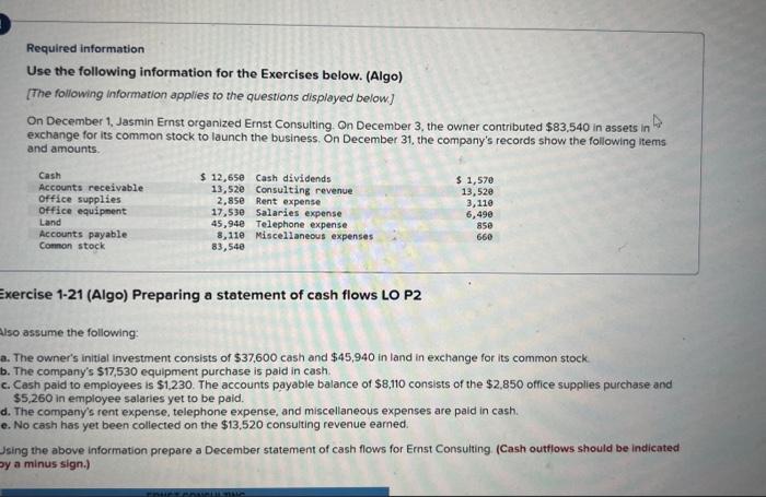 Required information Use the following information for the Exercises below. (Algo) [The