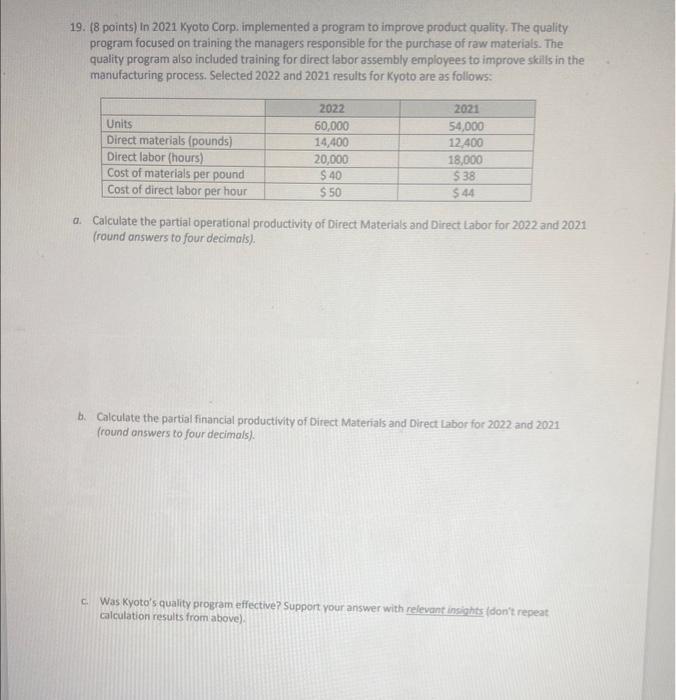 19. (8 points) In 2021 Kyoto Corp. implemented a program to improve