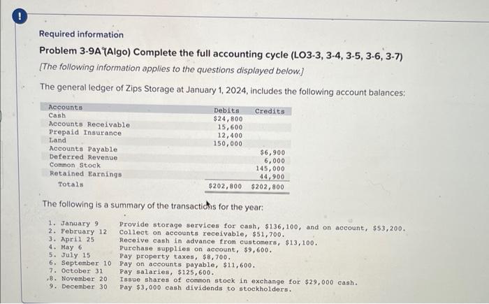 Required information Problem 3-9A Algo) Complete the full accounting cycle (LO3-3, 3-4,