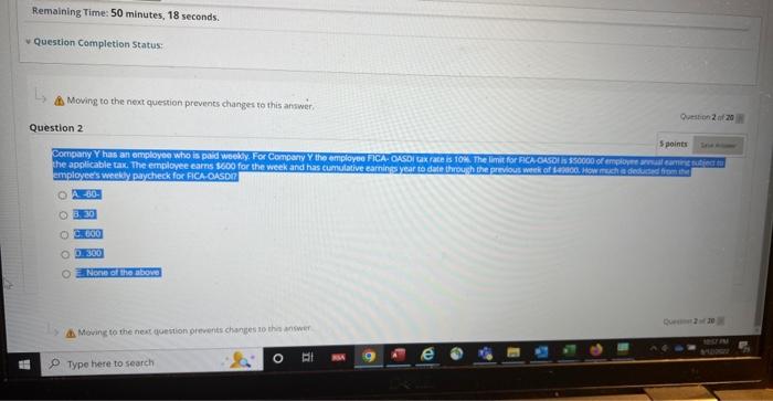Remaining Time: 50 minutes, 18 seconds. Question Completion Status: Moving to the