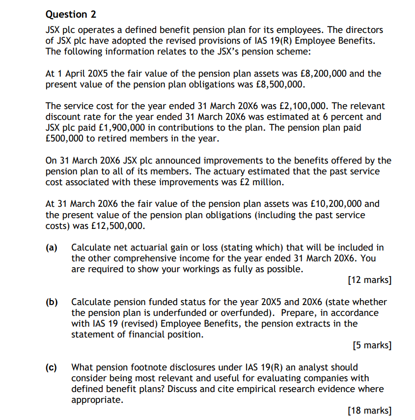 Question 2 JSX plc operates a defined benefit pension plan for its