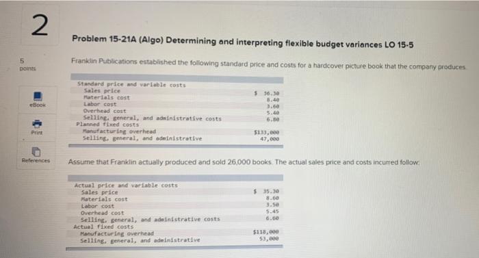 2 5 points Problem 15-21A (Algo) Determining and interpreting flexible budget variances