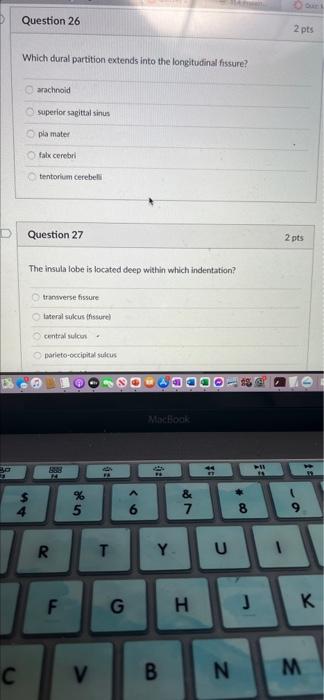 Question 26 Which dural partition extends into the longitudinal fissure? O arachnoid