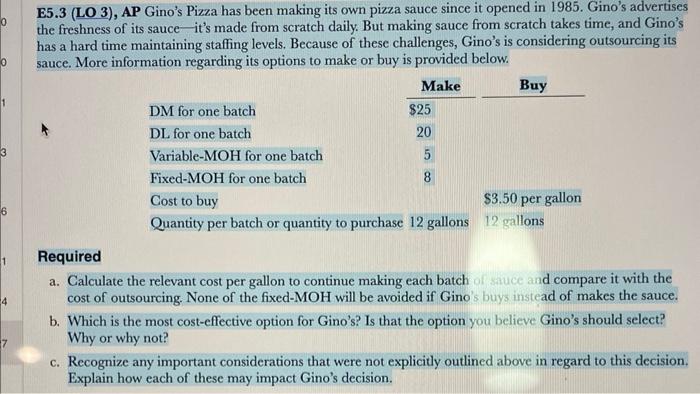 0 0 E5.3 (LO 3), AP Gino's Pizza has been making its