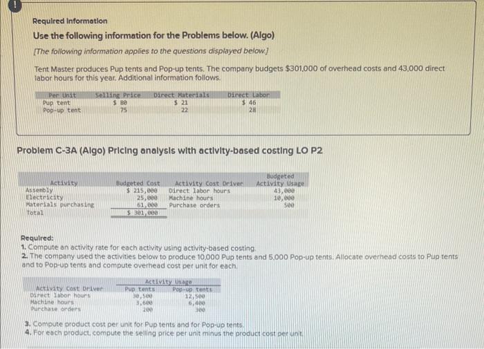 Required Information Use the following information for the Problems below. (Algo) [The