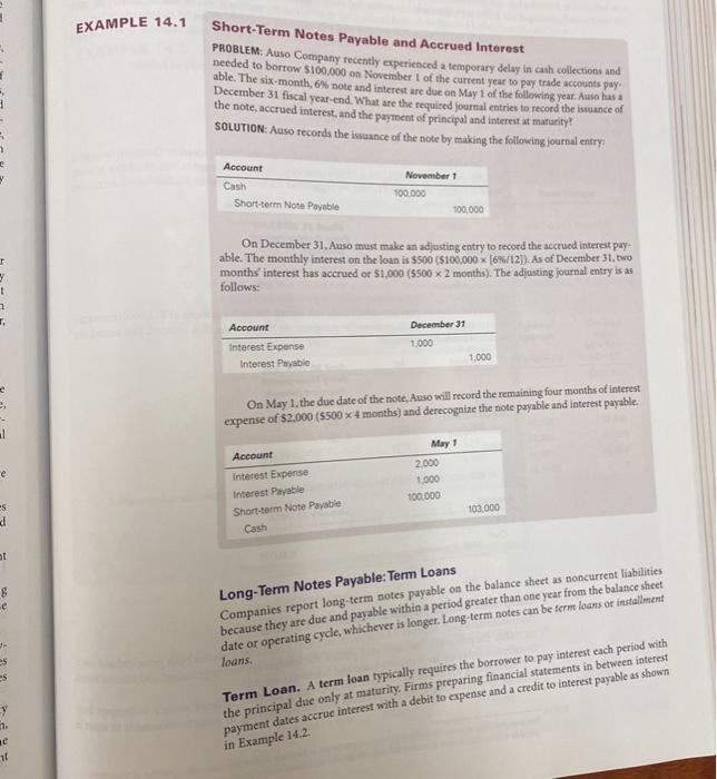 e 1 t EXAMPLE 14.1 Short-Term Notes Payable and Accrued Interest PROBLEM: