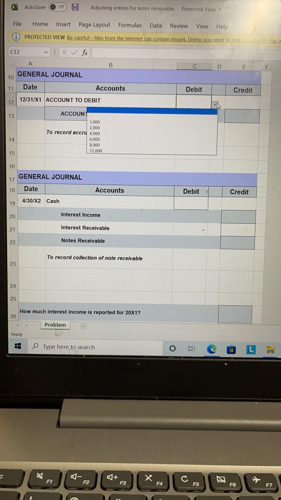 AutoSave Off Adjusting entries for notes receivable Protected View - File Home