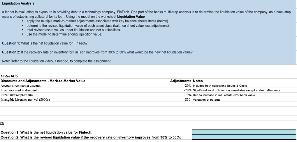 Liquidation Analysis A lender is evaluating its exposure in providing debt to