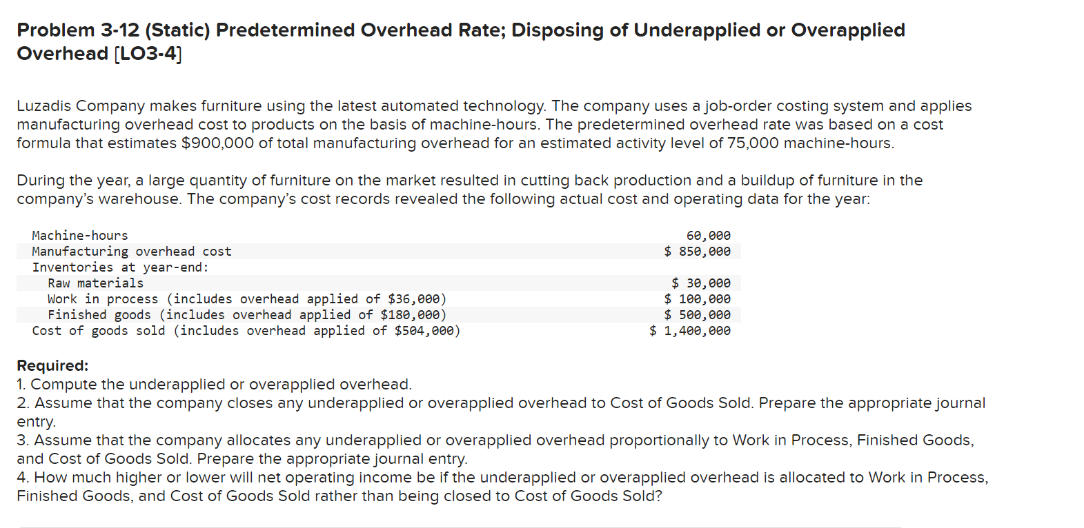 Problem 3-12 (Static) Predetermined Overhead Rate; Disposing of Underapplied or Overapplied Overhead