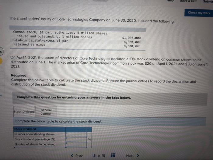 Save & Exit Submit The shareholders' equity of Core Technologies Company on