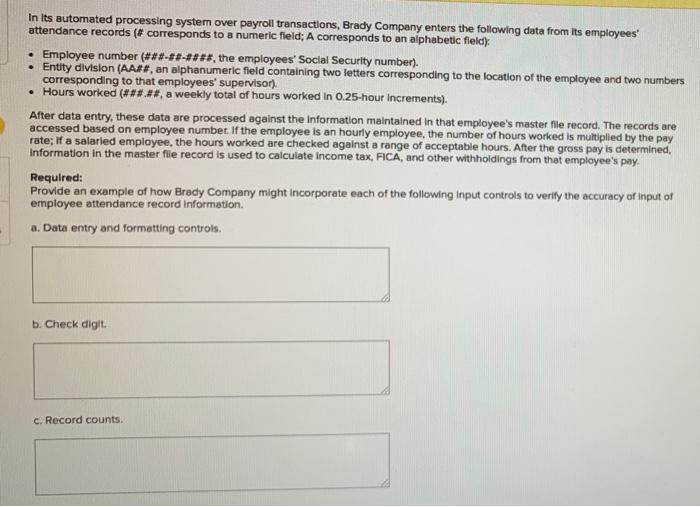 In Its automated processing system over payroll transactions, Brady Company enters the