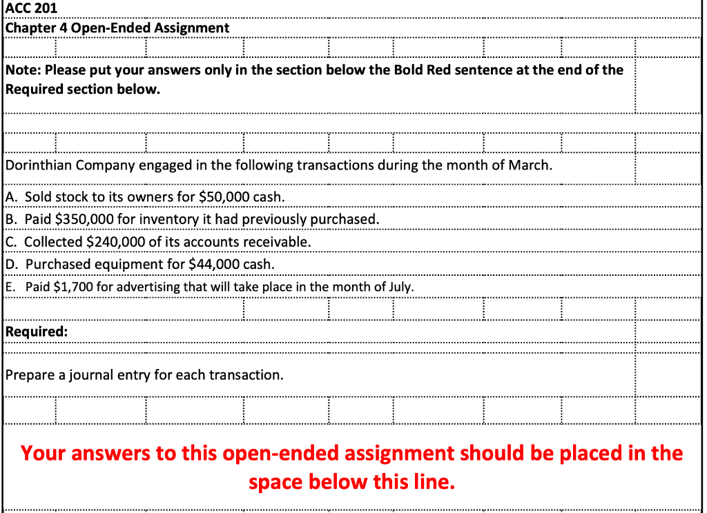 ACC 201 Chapter 4 Open-Ended Assignment Note: Please put your answers only