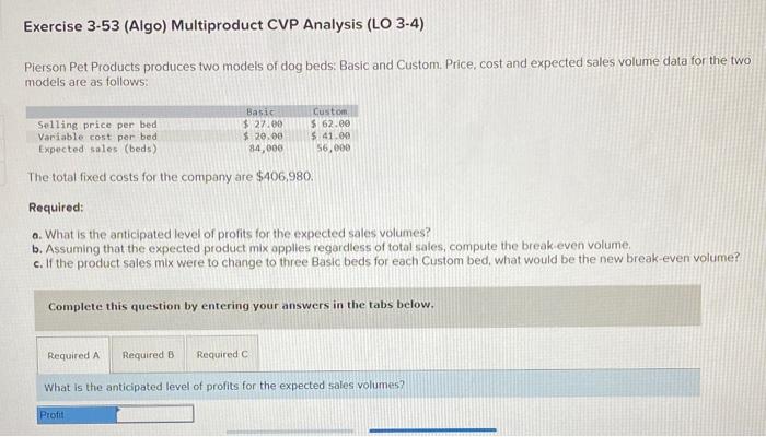 Exercise 3-53 (Algo) Multiproduct CVP Analysis (LO 3-4) Pierson Pet Products produces