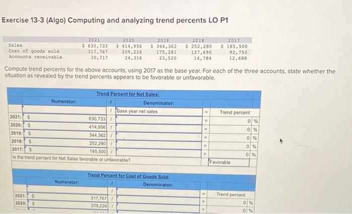 Exercise 13-3 (Algo) Computing and analyzing trend percents LO P1 Sales Cost