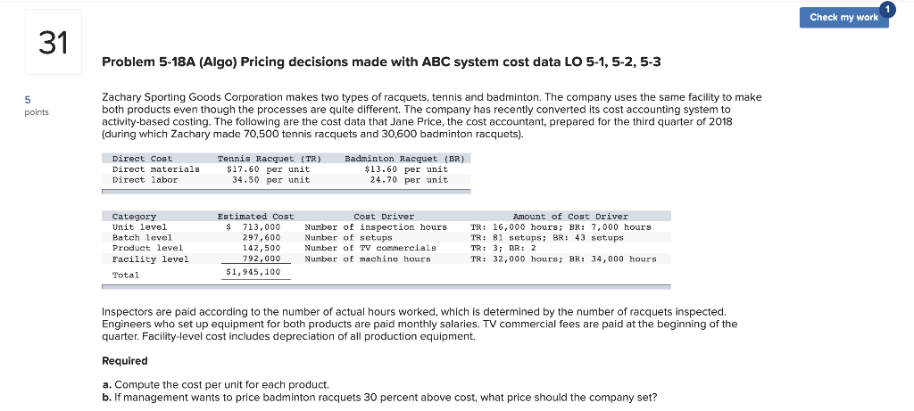 31 5 points Problem 5-18A (Algo) Pricing decisions made with ABC system